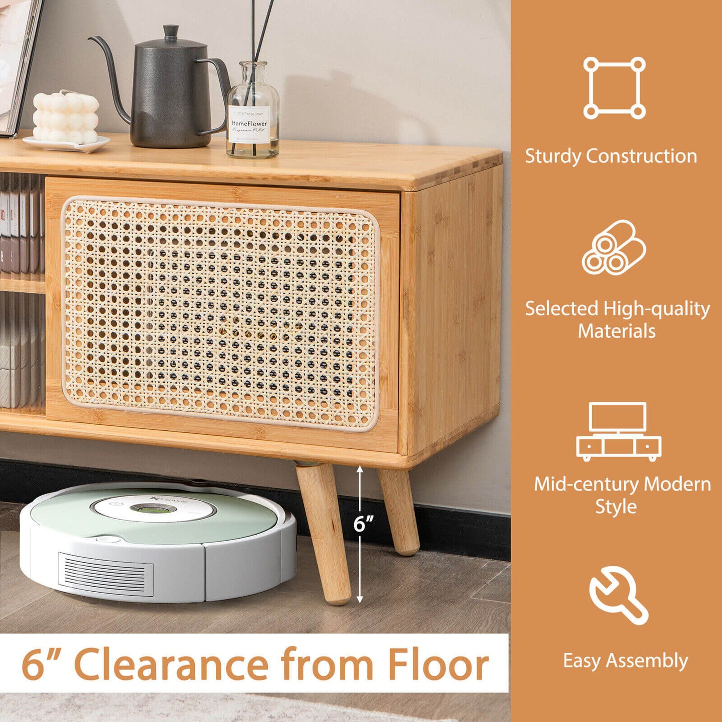 Modern TV Stand with Rattan and Corrugated Glass Sliding Doors for TVs up to 55 Inches - Natural