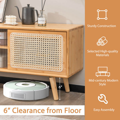 Modern TV Stand with Rattan and Corrugated Glass Sliding Doors for TVs up to 55 Inches - Natural
