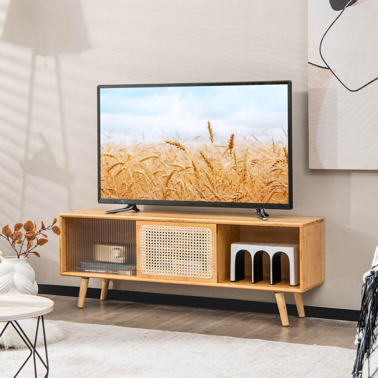 Modern TV Stand with Rattan and Corrugated Glass Sliding Doors for TVs up to 55 Inches - Natural