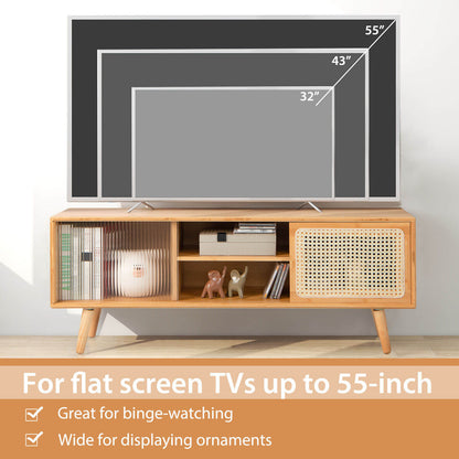 Modern TV Stand with Rattan and Corrugated Glass Sliding Doors for TVs up to 55 Inches - Natural