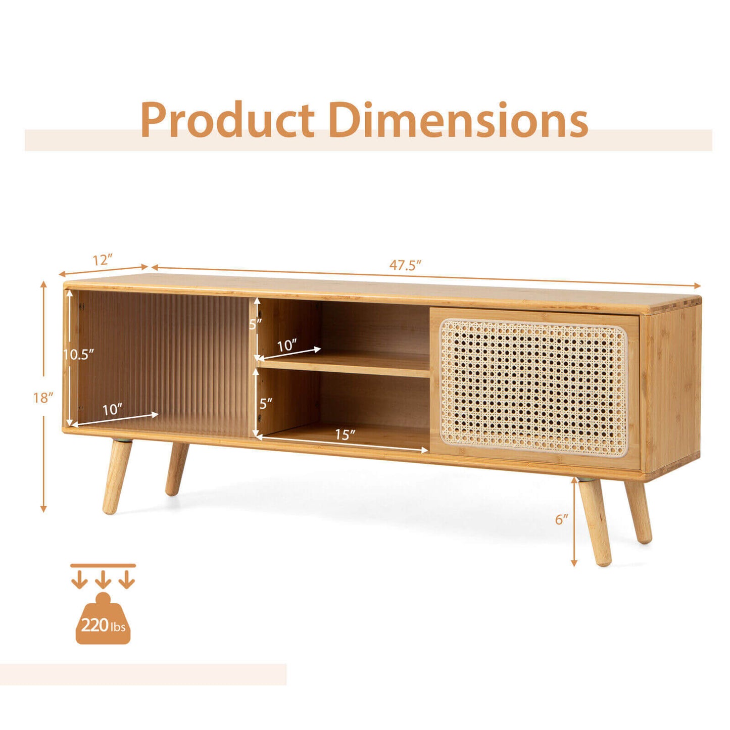 Modern TV Stand with Rattan and Corrugated Glass Sliding Doors for TVs up to 55 Inches - Natural