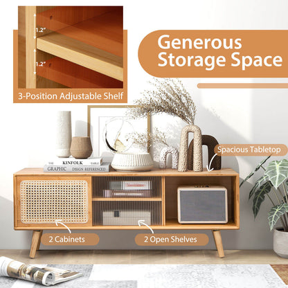 Modern TV Stand with Rattan and Corrugated Glass Sliding Doors for TVs up to 55 Inches - Natural