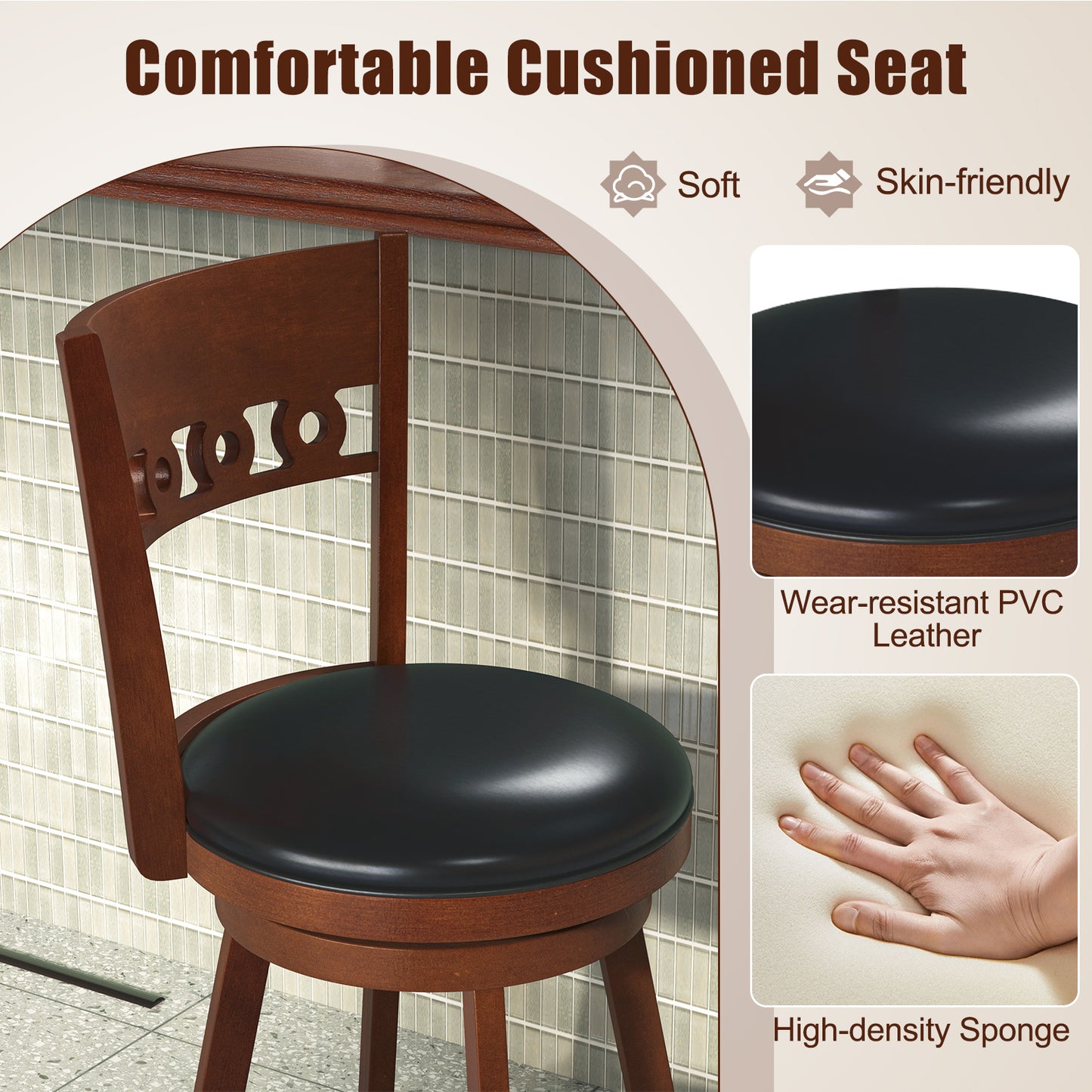 Swivel Bar Stools Set of 2 with Rubber Wood Frame and 30.5 Inch Seat Height