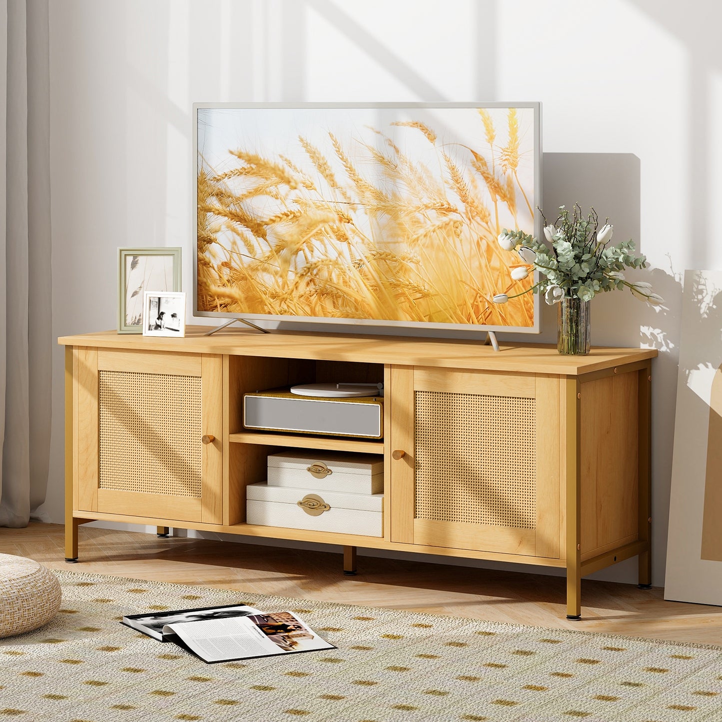 Boho TV Stand with Faux Rattan Doors and Storage Cabinets for TVs up to 55 Inches