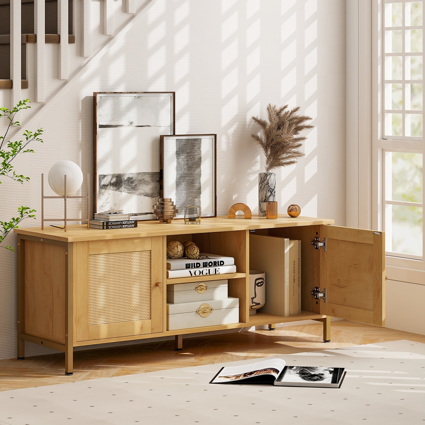 Boho TV Stand with Faux Rattan Doors and Storage Cabinets for TVs up to 55 Inches