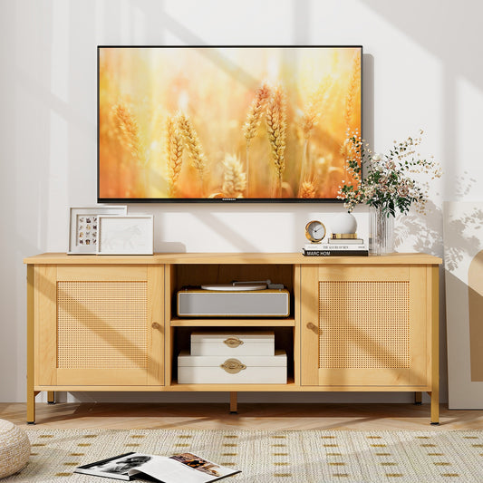 Boho TV Stand with Faux Rattan Doors and Storage Cabinets for TVs up to 55 Inches