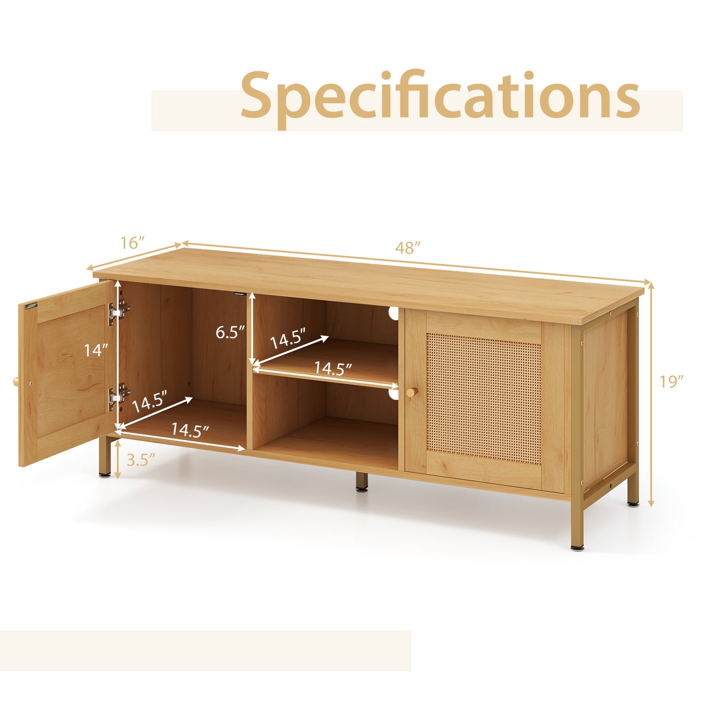 Boho TV Stand with Faux Rattan Doors and Storage Cabinets for TVs up to 55 Inches