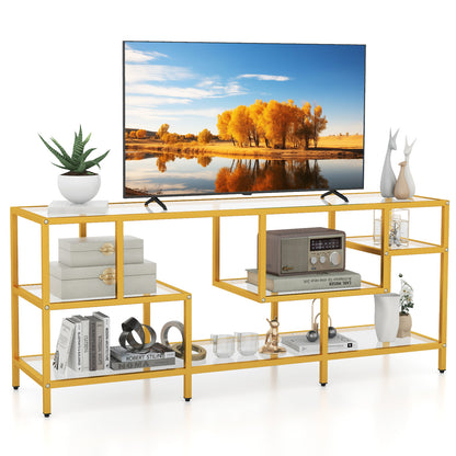 Modern 58 Inch Glass TV Console Table with Open Shelves for TVs up to 65 Inches