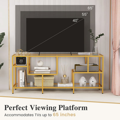 Modern 58 Inch Glass TV Console Table with Open Shelves for TVs up to 65 Inches