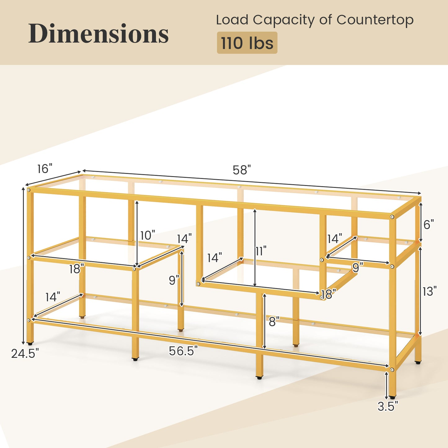 Modern 58 Inch Glass TV Console Table with Open Shelves for TVs up to 65 Inches