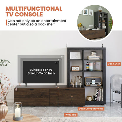 2 in 1 Media Console with TV Stand and Spacious 4 Tier Bookshelf for 50 Inch TVs
