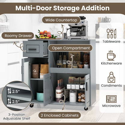 Mobile Kitchen Island Cart with Drawer Storage Glass Cabinet and Locking Wheels