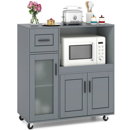 Mobile Kitchen Island Cart with Drawer Storage Glass Cabinet and Locking Wheels