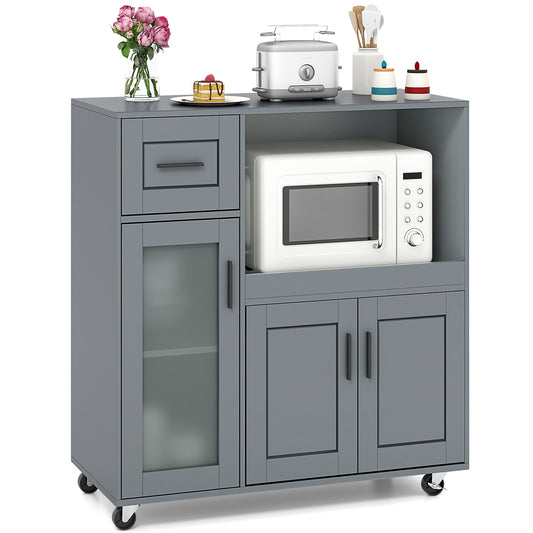 Mobile Kitchen Island Cart with Drawer Storage Glass Cabinet and Locking Wheels