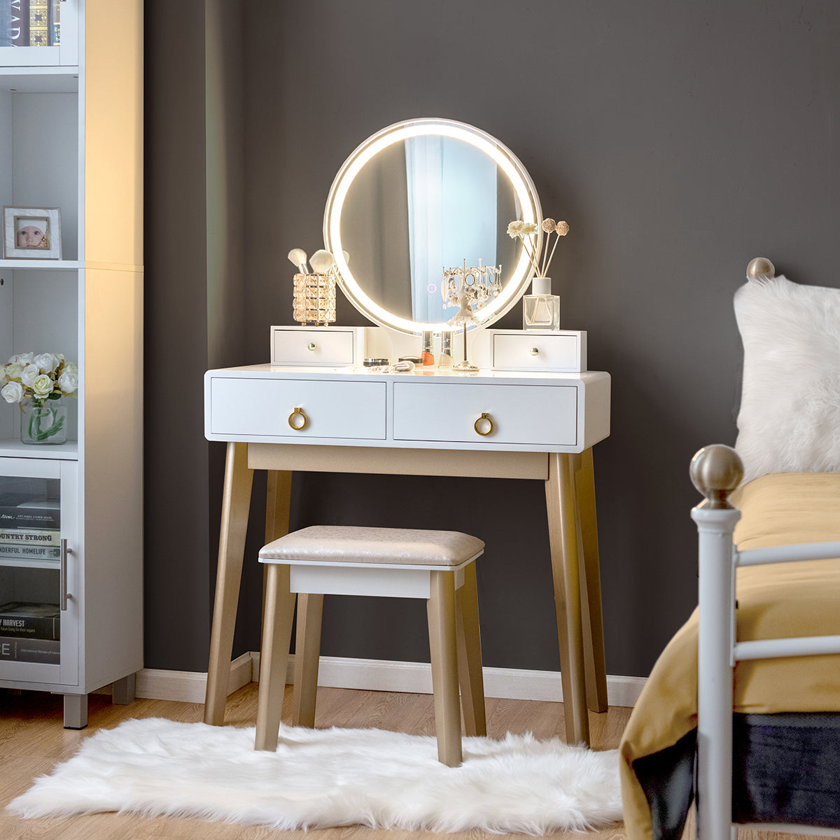 Vanity Set with LED Lighted Mirror, 4 Storage Drawers, Jewelry Organizer, and Cushioned Stool – White