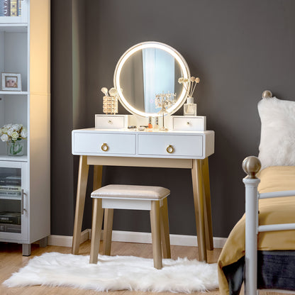 Vanity Set with LED Lighted Mirror, 4 Storage Drawers, Jewelry Organizer, and Cushioned Stool – White