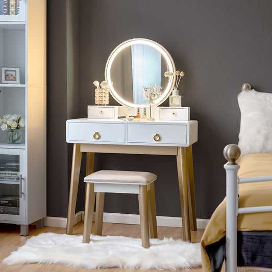 Vanity Set with LED Lighted Mirror, 4 Storage Drawers, Jewelry Organizer, and Cushioned Stool – White