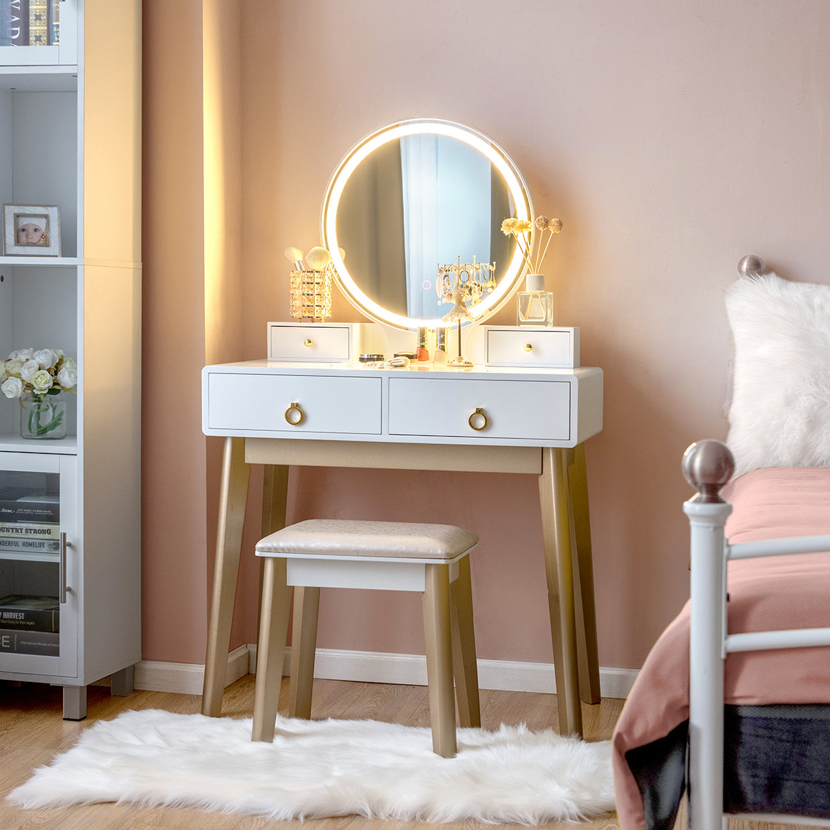 Vanity Set with LED Lighted Mirror, 4 Storage Drawers, Jewelry Organizer, and Cushioned Stool – White