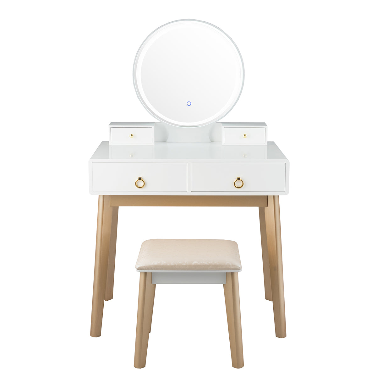 Vanity Set with LED Lighted Mirror, 4 Storage Drawers, Jewelry Organizer, and Cushioned Stool – White