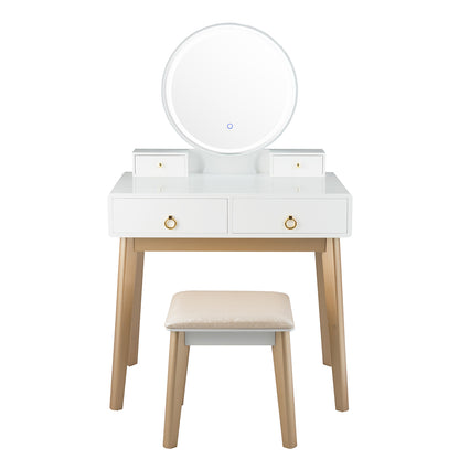 Vanity Set with LED Lighted Mirror, 4 Storage Drawers, Jewelry Organizer, and Cushioned Stool – White