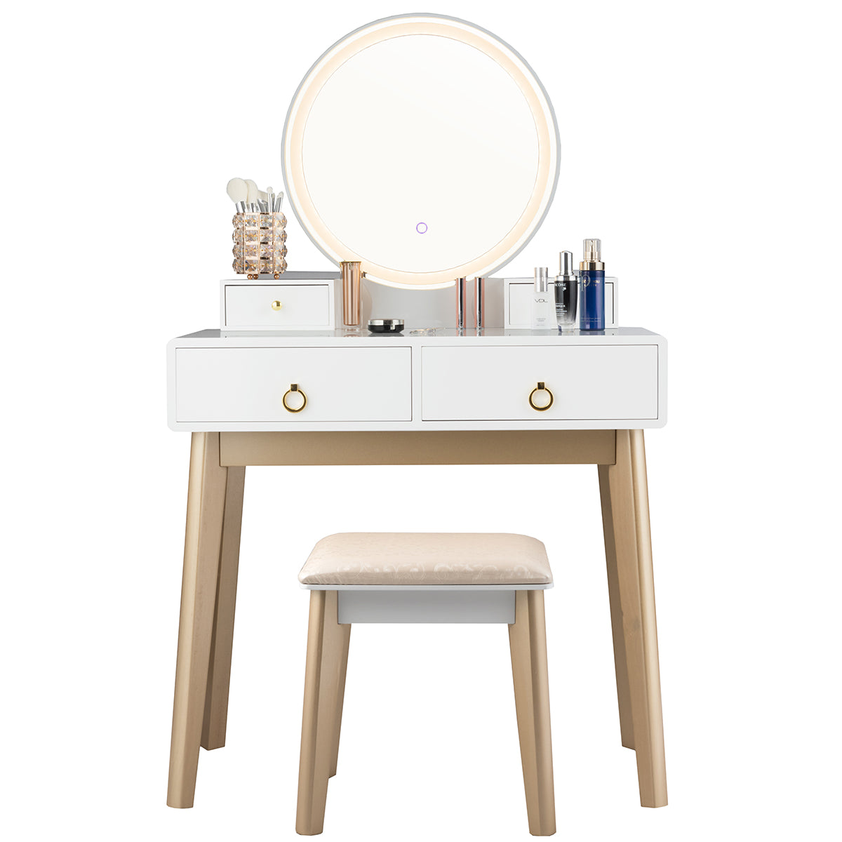 Vanity Set with LED Lighted Mirror, 4 Storage Drawers, Jewelry Organizer, and Cushioned Stool – White