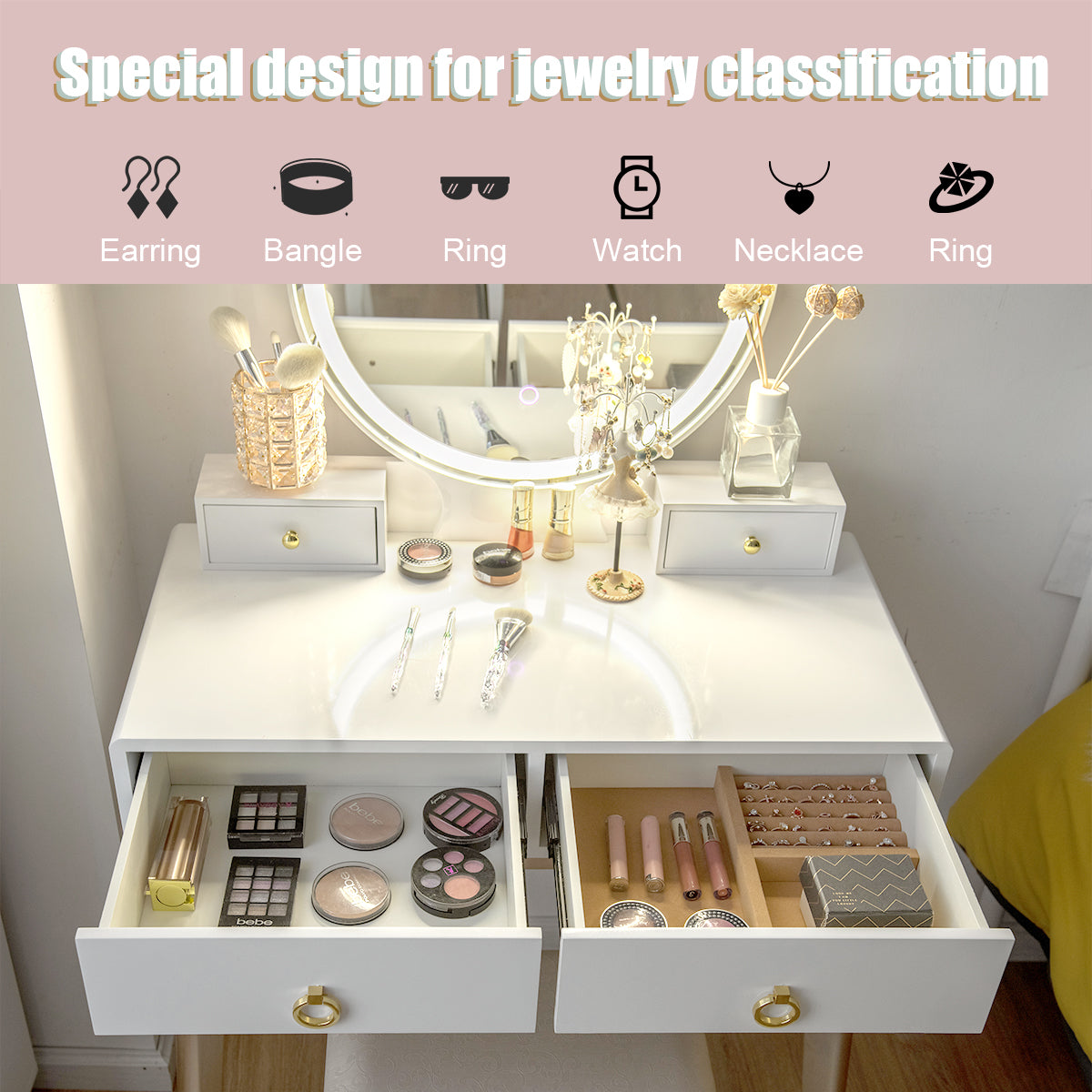 Vanity Set with LED Lighted Mirror, 4 Storage Drawers, Jewelry Organizer, and Cushioned Stool – White