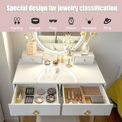 Vanity Set with LED Lighted Mirror, 4 Storage Drawers, Jewelry Organizer, and Cushioned Stool – White