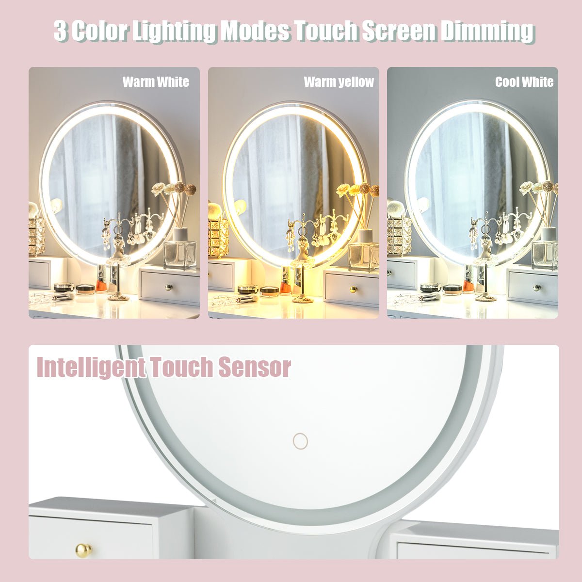 Vanity Set with LED Lighted Mirror, 4 Storage Drawers, Jewelry Organizer, and Cushioned Stool – White