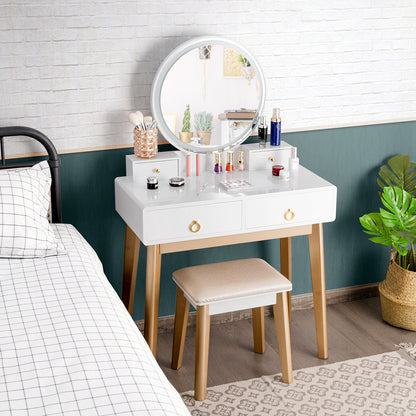 Vanity Set with LED Lighted Mirror, 4 Storage Drawers, Jewelry Organizer, and Cushioned Stool – White