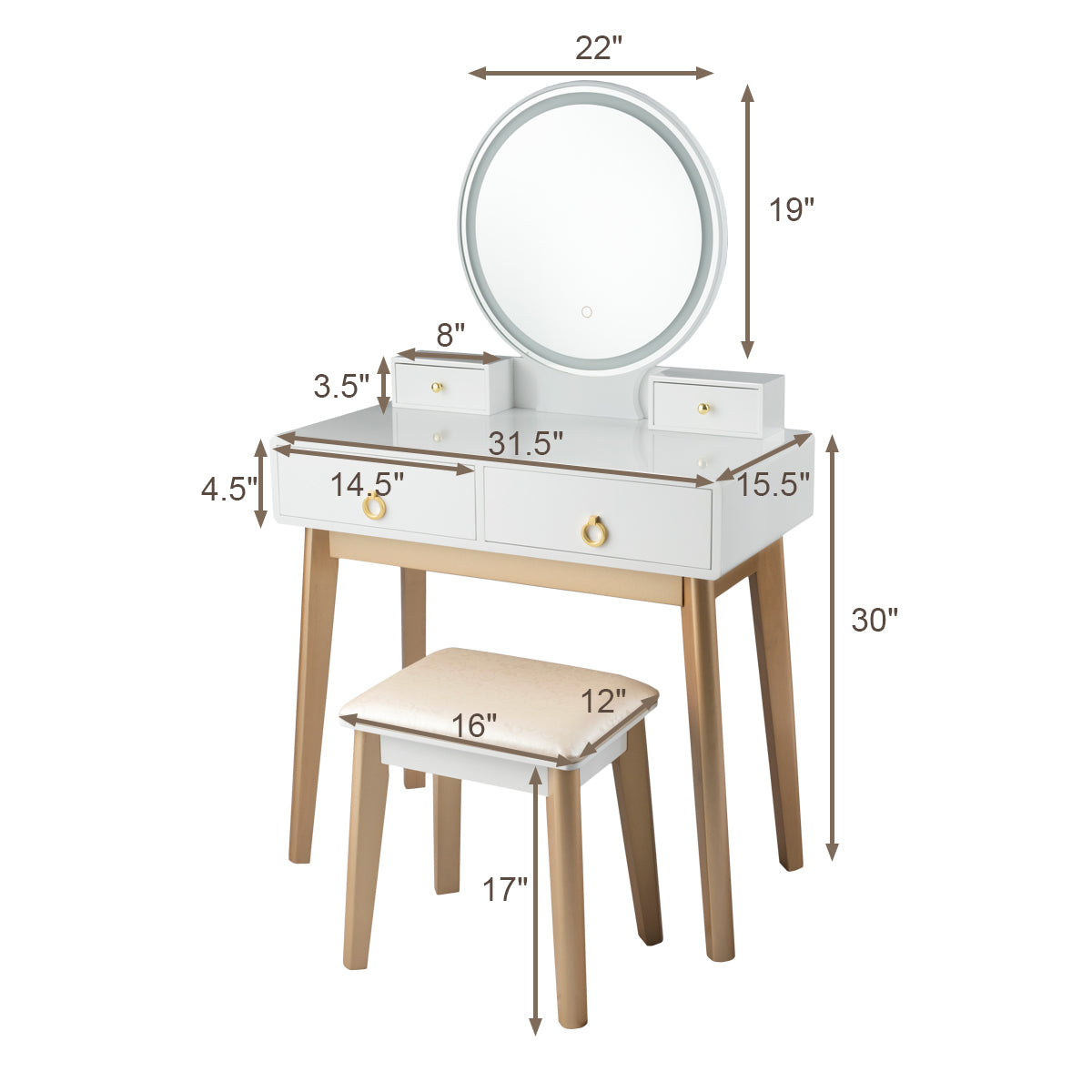 Vanity Set with LED Lighted Mirror, 4 Storage Drawers, Jewelry Organizer, and Cushioned Stool – White