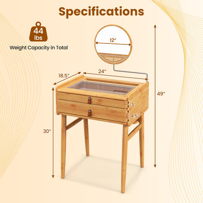 Compact Bamboo Vanity Set with Rotating Mirror, Glass Top, and Storage Drawers