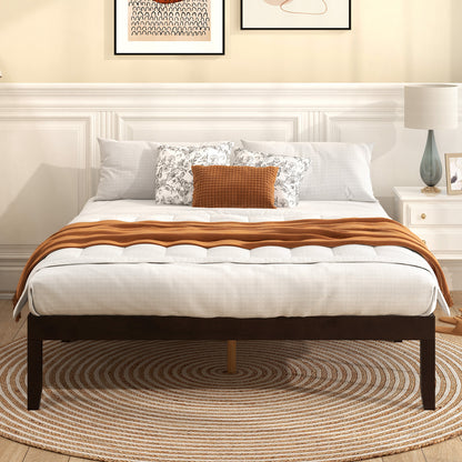 Minimalist Queen Size Wood Platform Bed Frame with Slat Support and 10.5" Underbed Clearance – Espresso