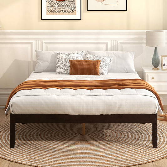 Minimalist Queen Size Wood Platform Bed Frame with Slat Support and 10.5" Underbed Clearance – Espresso