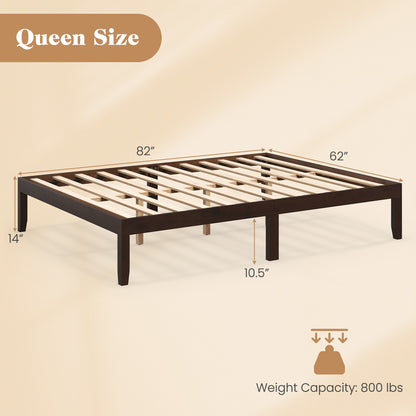 Minimalist Queen Size Wood Platform Bed Frame with Slat Support and 10.5" Underbed Clearance – Espresso