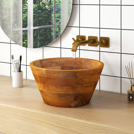 Elegant 16 Inch Teak Wood Washbasin with Drainage Hole and Polished Surface