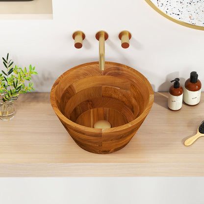 Elegant 16 Inch Teak Wood Washbasin with Drainage Hole and Polished Surface