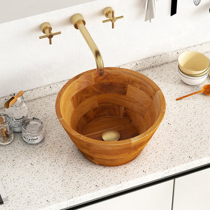 Elegant 16 Inch Teak Wood Washbasin with Drainage Hole and Polished Surface