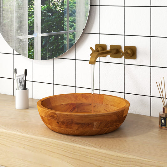 Elegant 16 Inch Teak Wood Round Washbasin with Drainage Hole & Smooth Edges