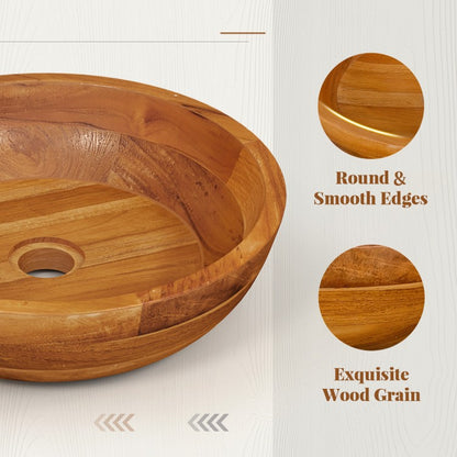Elegant 16 Inch Teak Wood Round Washbasin with Drainage Hole & Smooth Edges