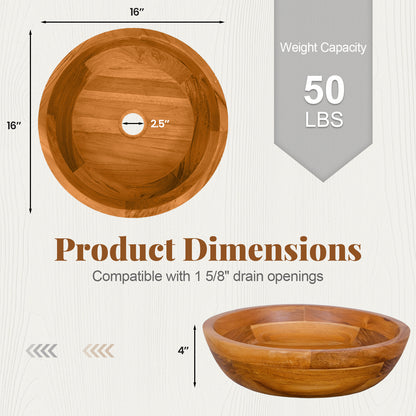 Elegant 16 Inch Teak Wood Round Washbasin with Drainage Hole & Smooth Edges