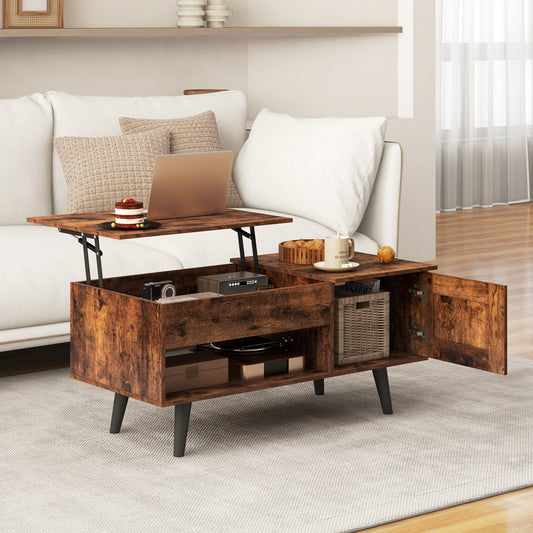 Modern Lift Top Coffee Table with Hidden Storage Compartment and Side Cabinet in Rustic Brown Wood Finish