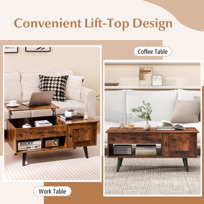 Modern Lift Top Coffee Table with Hidden Storage Compartment and Side Cabinet in Rustic Brown Wood Finish