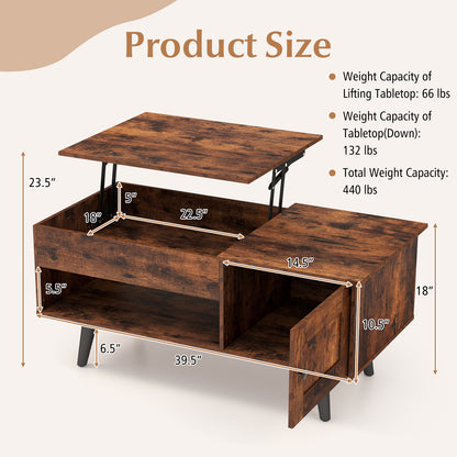 Modern Lift Top Coffee Table with Hidden Storage Compartment and Side Cabinet in Rustic Brown Wood Finish