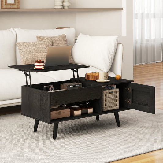 Modern Lift Top Coffee Table with Hidden Storage Compartment and Side Cabinet in Black Wood Finish