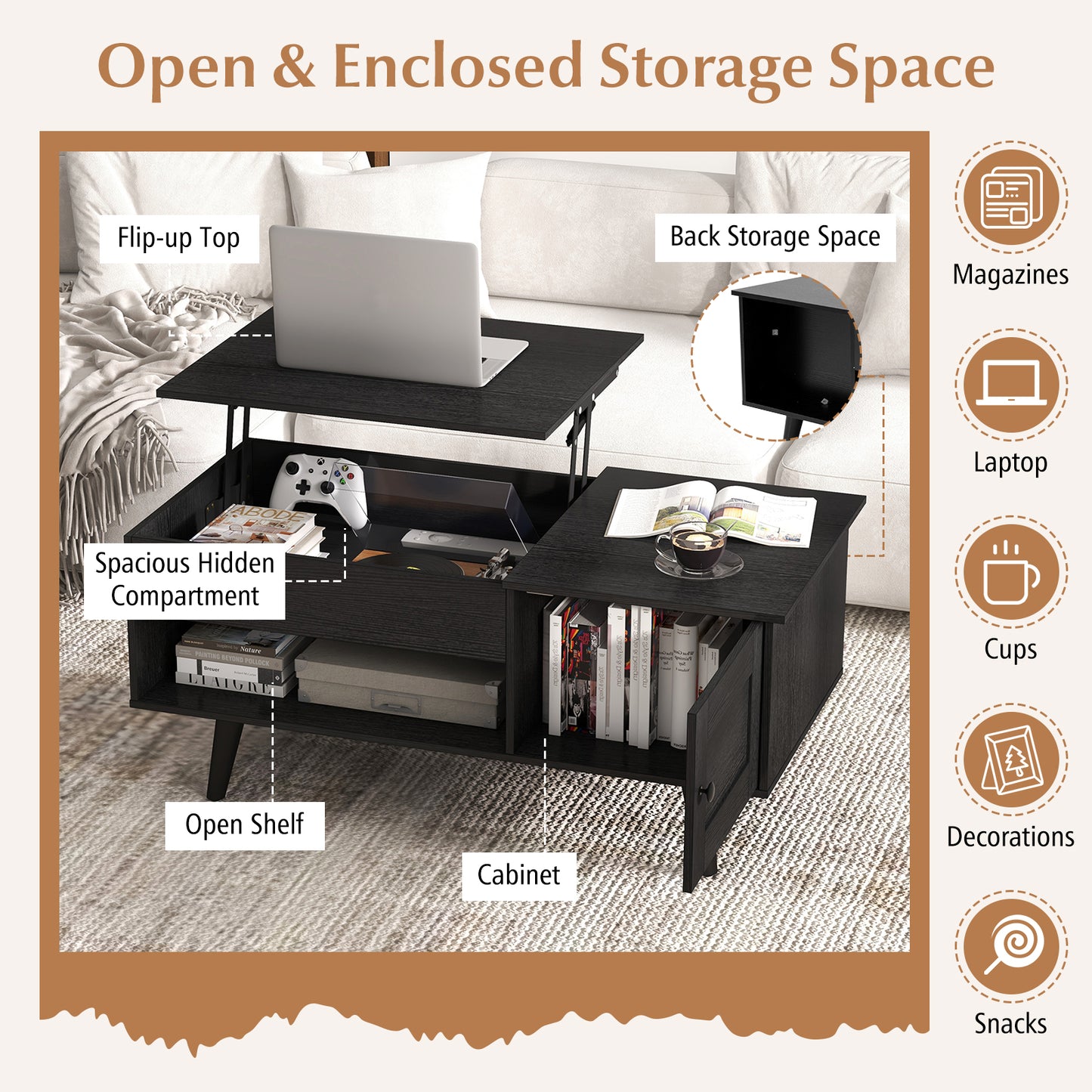 Modern Lift Top Coffee Table with Hidden Storage Compartment and Side Cabinet in Black Wood Finish