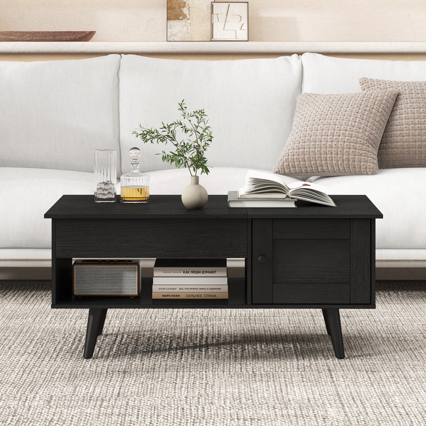 Modern Lift Top Coffee Table with Hidden Storage Compartment and Side Cabinet in Black Wood Finish