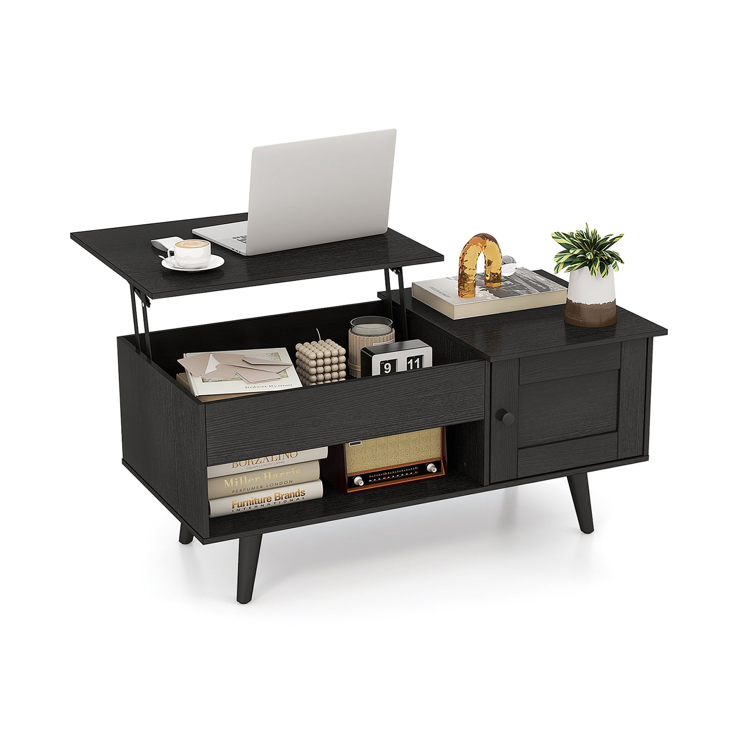Modern Lift Top Coffee Table with Hidden Storage Compartment and Side Cabinet in Black Wood Finish