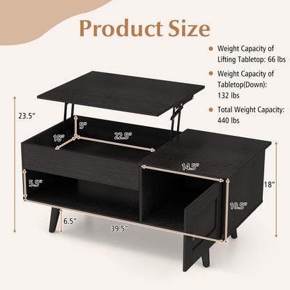 Modern Lift Top Coffee Table with Hidden Storage Compartment and Side Cabinet in Black Wood Finish