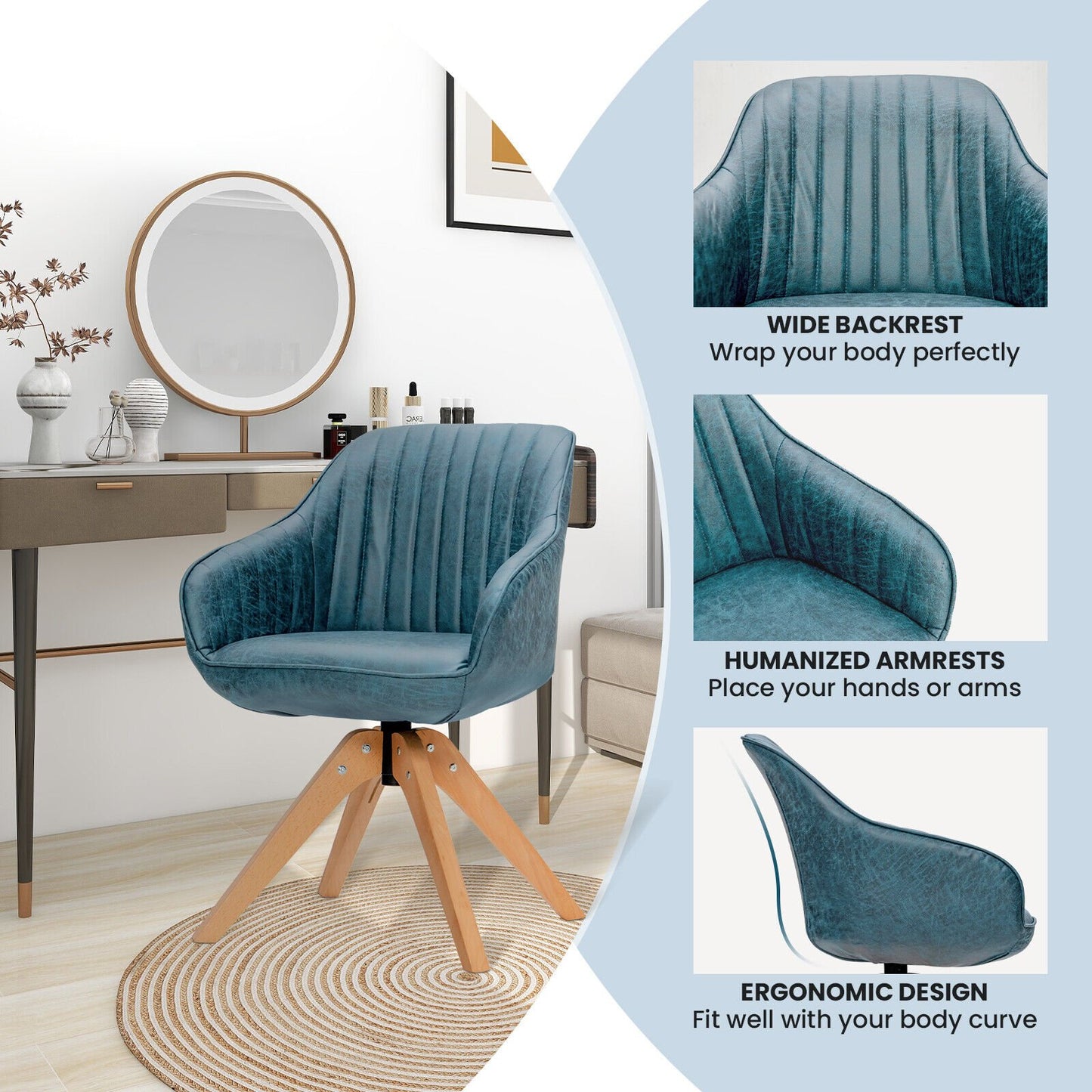 Swivel Accent Chairs Set of 2 with Leathaire Upholstery and Beech Legs, Blue