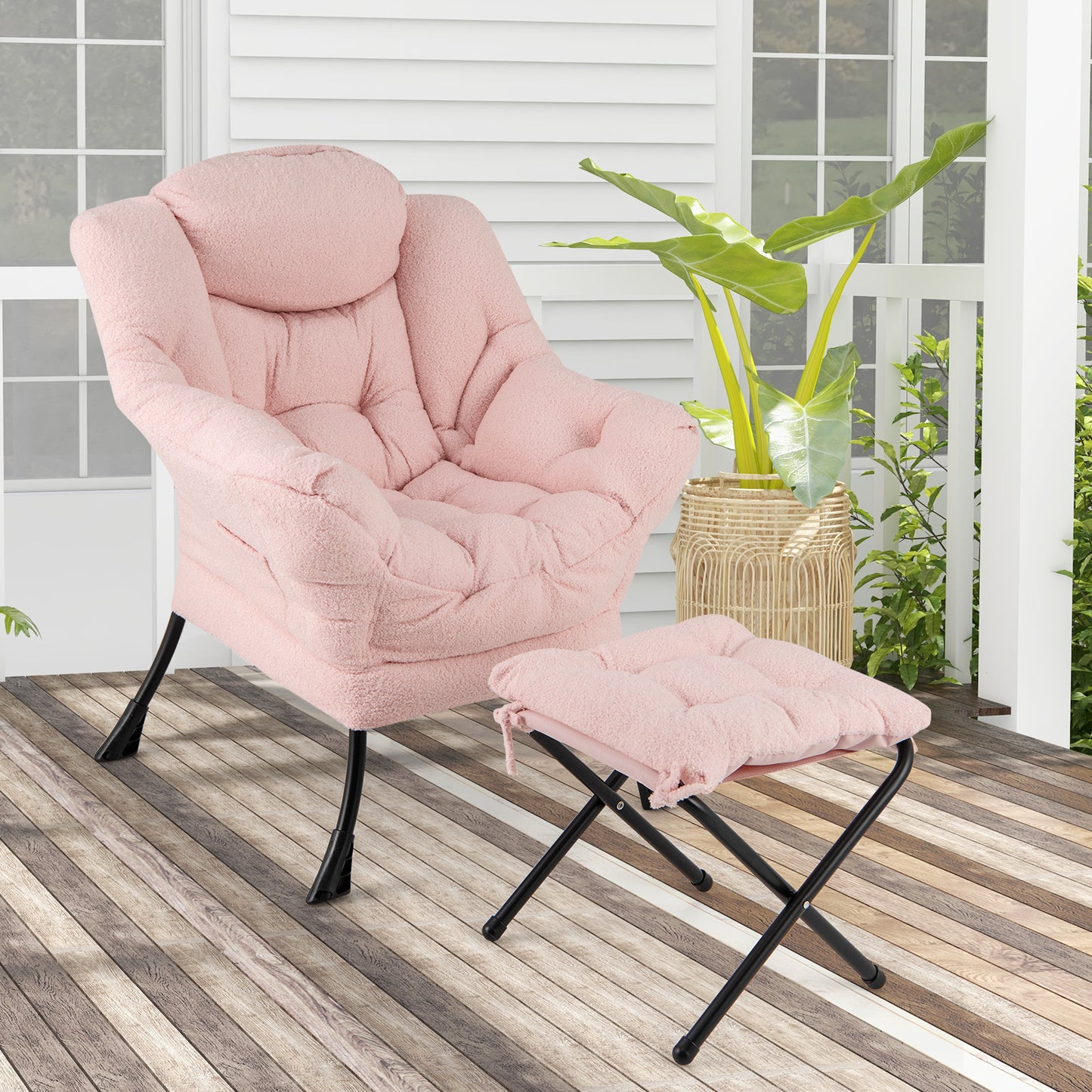 Sherpa Accent Chair with Ottoman, Head Pillow and Side Pocket, Pink